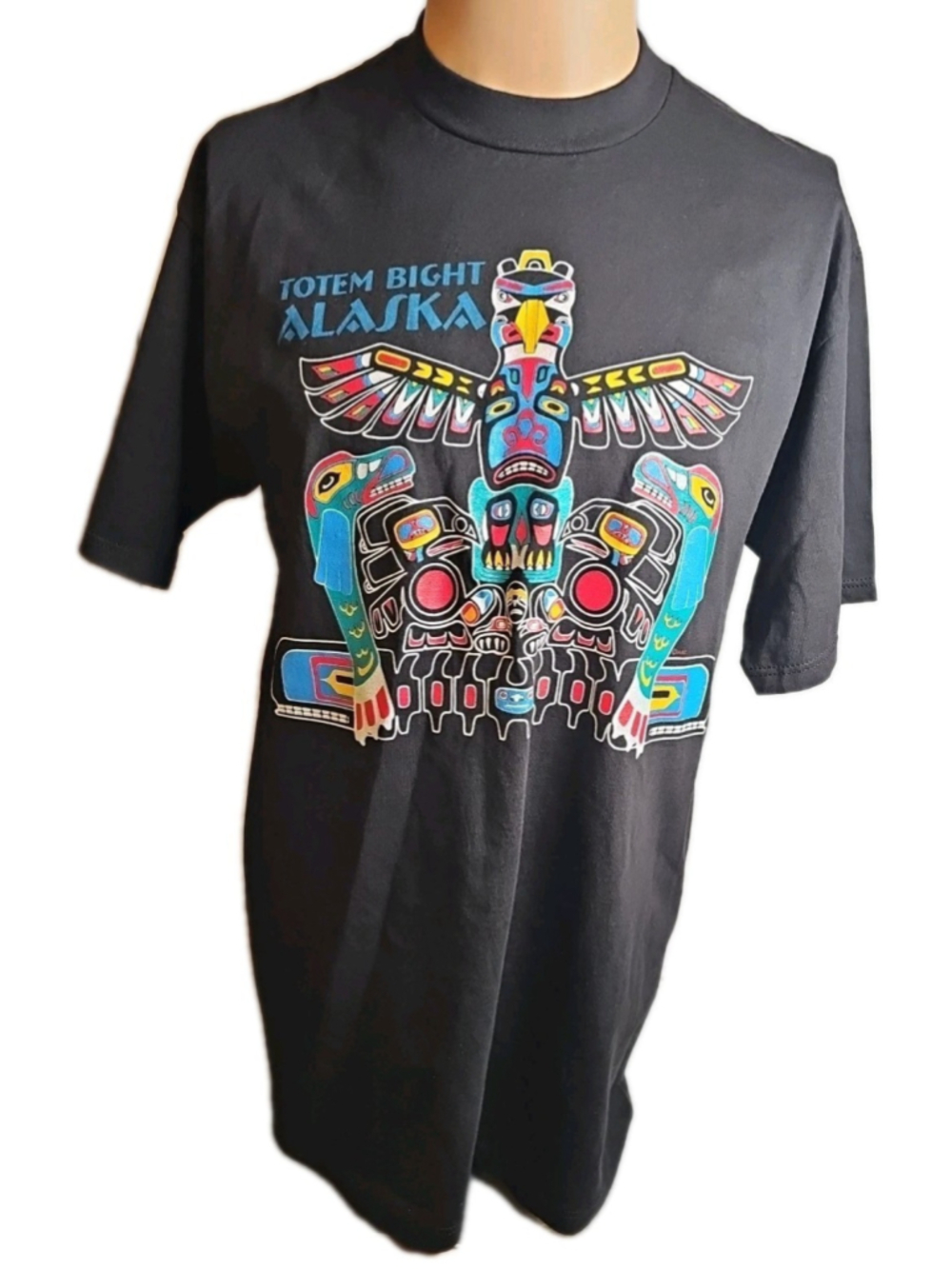 Vintage Alaska Totem Pole Bight Shirt Adult Large Black Jerzees Made in USA 90s